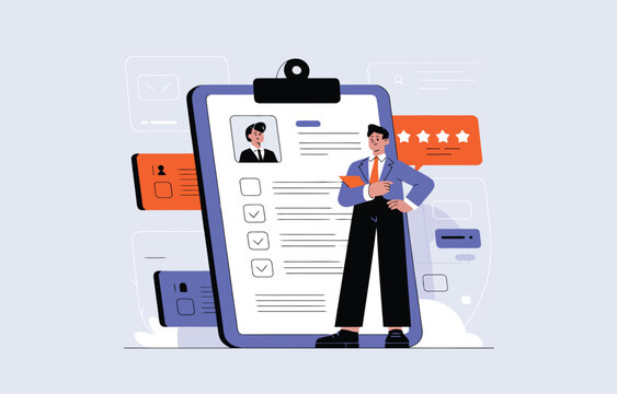 Recruitment specialist reviewing candidate profile with rating stars and checkboxes