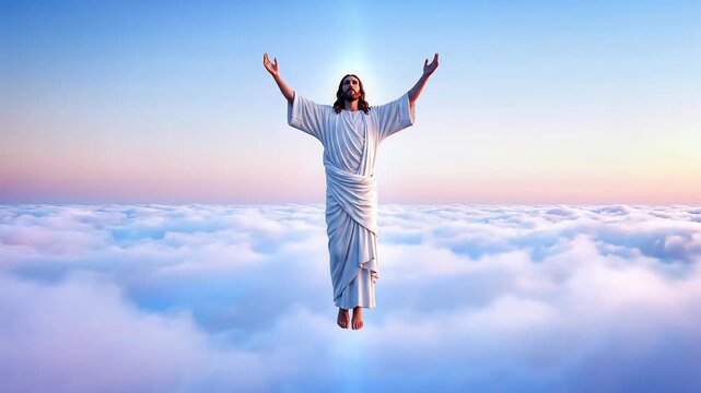 Jesus resurrection scene with figure rising above clouds with divine light and outstretched arms