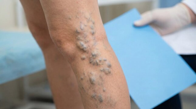 Patient with severe varicose veins on the leg during a medical consultation with a phlebologist.