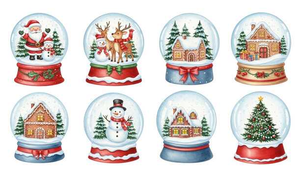 Watercolor Christmas Snow Globe Collection &ndash; Santa, Snowman, Reindeer & Winter Village Clipart