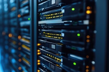 Data servers illuminated in a modern data center reflecting advanced technology trends