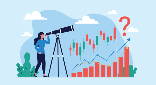 Cautious woman observes a volatile stock market graph through a telescope, with a looming question mark, symbolizing investment uncertainty and future predictions.