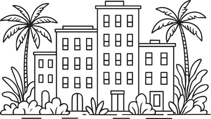 Obraz premium Minimalistic thin line vector illustration of urban buildings with palm trees and greenery