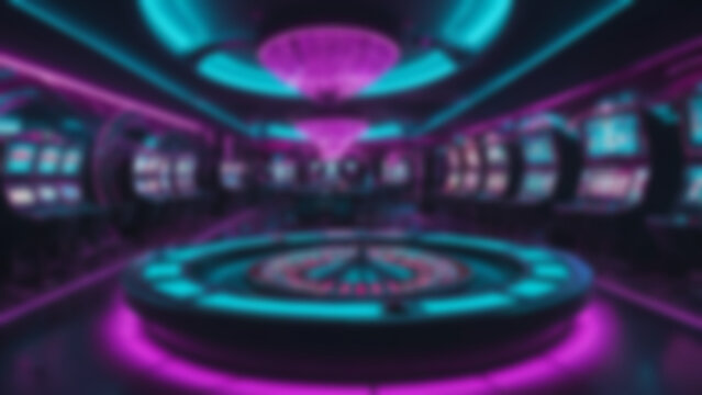 Blurred background of Neon cyberpunk casino tunnel with electric blue roulette table and glowing magenta LED walls, reflective chrome floors bouncing colorful light, midnight but ultra-bright neon.