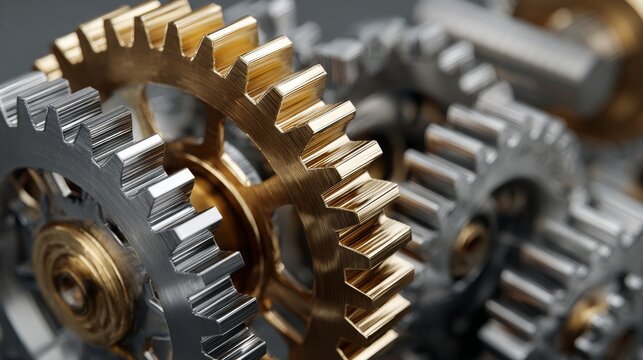 A close-up showcases a complex gear assembly, with gold and silver cogwheels meshing against a blurred, gray backdrop