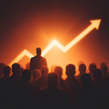 Investor confidence concept with upward growth arrow and audience silhouette