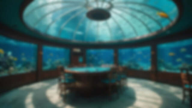 Blurred background of Underwater glass dome casino with luminous aqua blue poker table and glowing tropical fish reflections, vibrant coral reef ecosystem surrounding transparent walls, bright.