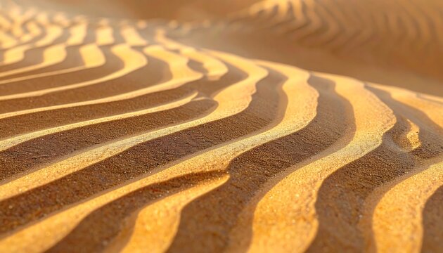 Close-up of rolling sand dunes in a desert landscape, showing textured patterns and shadows under sunlight. The warm colors create a sense of dryness