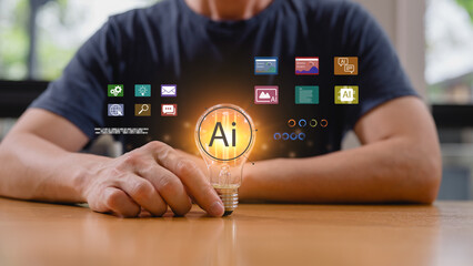 Ai technology Man holding a glowing AI light bulb with digital prompt interface, symbolizing artificial intelligence innovation, prompt engineering, generative AI, and creative technology solutions. © cherdchai