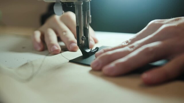 Close up of industrial sewing machine stitching leather piece in workshop. Artisan guides material under needle, highlighting precision craftsmanship and handmade leather production process.