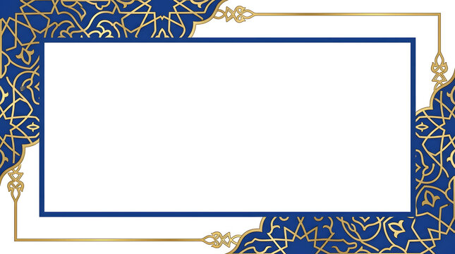 Elegant blue and gold ornate frame with white copy space