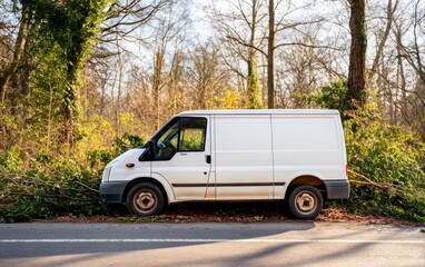 Fototapeta premium Delivery Van Broken Down on Roadside in Forest