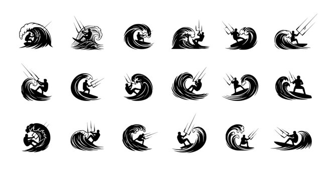 Set of professional kitesurfing silhouettes, kiteboarders riding big ocean waves, extreme water sports action maneuvers vector collection.