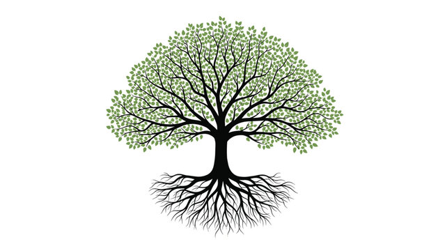Tree of life illustration with green leaves and deep roots for nature conservation genealogy and environmental themes.
