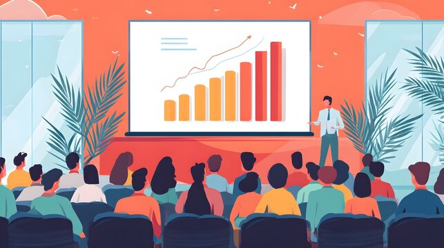 Investor presentation stage with large projection screen showing profit growth trend, modern flat vector illustration