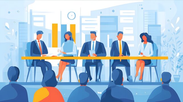 Executive panel discussion at company annual meeting, corporate flat vector illustration