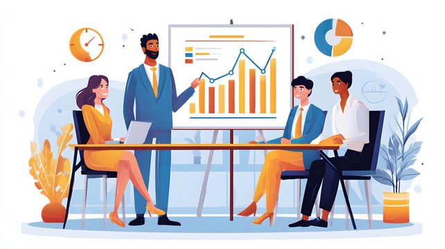 Professional business meeting illustration with profit analysis chart