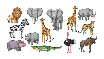 African Safari Animals Illustration: An artistic portrayal of iconic African wildlife, showcasing the majestic animals of the savannah and grasslands. © Ajhar234