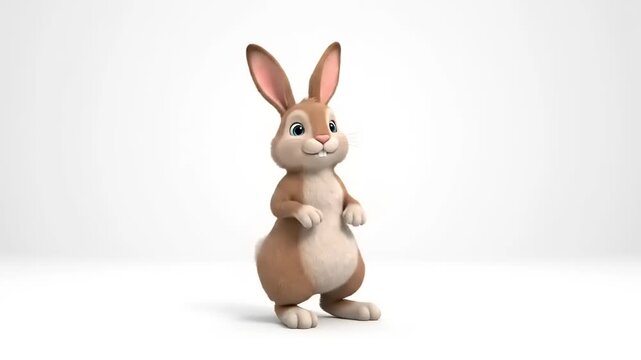 Cute bunny standing on hind legs, cartoon style, 3D render. Animal character looking forward, isolated on white background. Easter mascot for kids