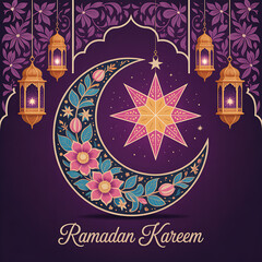 Ramadan Kareem Typography with Decorative Lantern Illustration