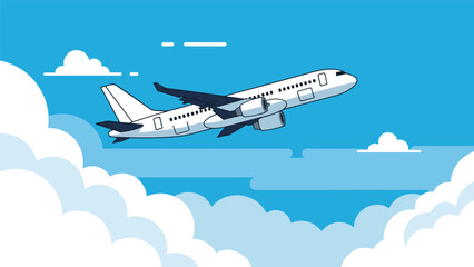 Naklejka premium Airplane flying in the blue sky above white clouds for travel aviation transportation and holiday vacation themes.