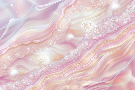 Skin cross section with glowing pink layer and pearls, led light therapy skincare concept