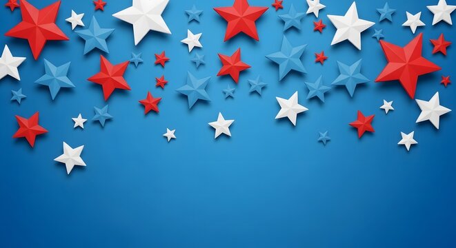 Red white and blue stars scattered on a blue background