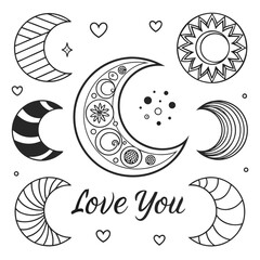 A black and white image of moons and hearts with the words love you Vector