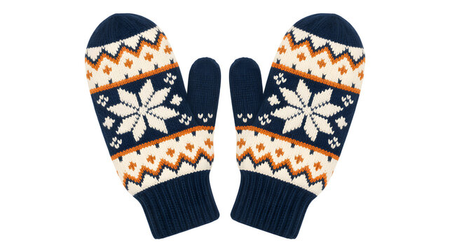 A pair of knitted mittens with a snowflake pattern on a white background