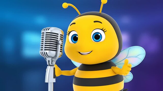 Cheerful bumblebee cartoon character sings into a vintage microphone in a 3D rendering.  Music, celebration, performance, entertainment, kid, stage.
