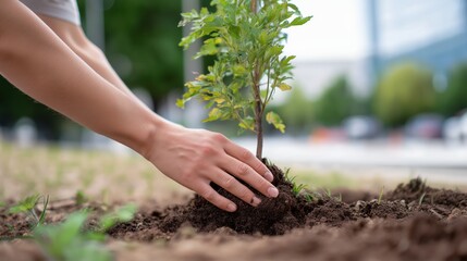 Fototapeta premium Man planting a young tree in soil during a sunny day outdoors 