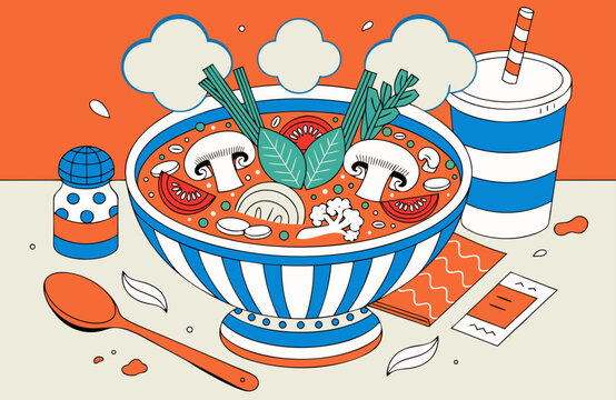 Healthy Eating And Comfort Food Concept Illustration Of Nutritious Soup Bowl With Vegetables Mushrooms And Drink Promoting Wellness And Balanced Diet Choices