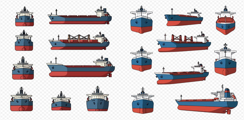 Vector illustration set of various cargo ships, tankers, and bulk carriers from front and side views. © ArtLuna Studio
