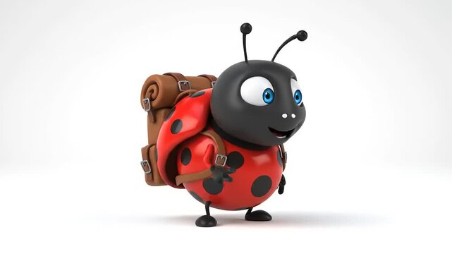 Adorable ladybug backpacker character standing in 3D render with a happy expression, set against a clean white background, playful, fun, journey