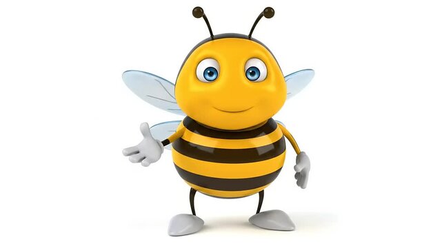 Cartoon Bee Presenting Cute striped bee character with googly eyes points cheerfully. 3D rendering on white background, mascot, isolated, vector