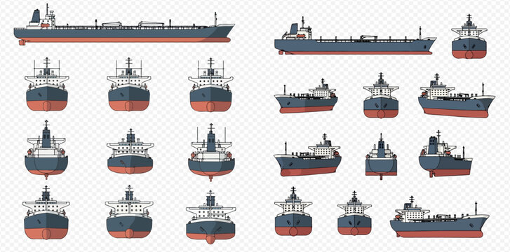Comprehensive set of industrial oil tanker ship illustrations from various angles and perspectives.