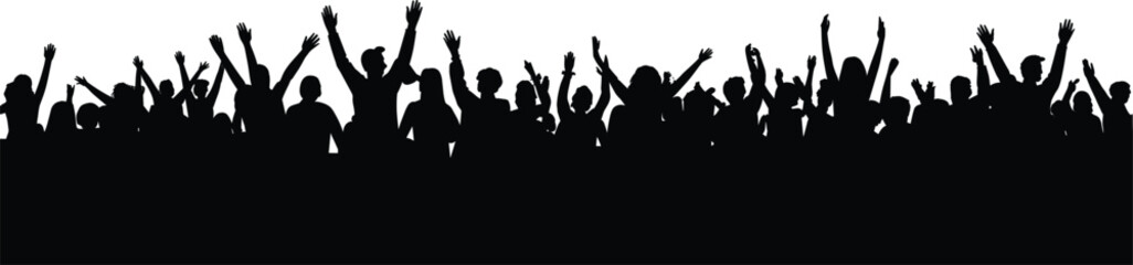 Cheering crowd silhouettes with raised hands celebrating concert festival success unity excitement isolated on white background large audience concept people event energy celebration © MdMominur