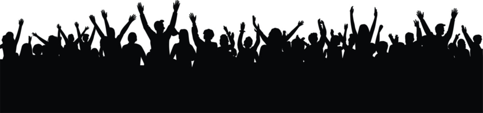 Cheering crowd silhouettes with raised hands celebrating concert festival success unity excitement isolated on white background large audience concept people event energy celebration