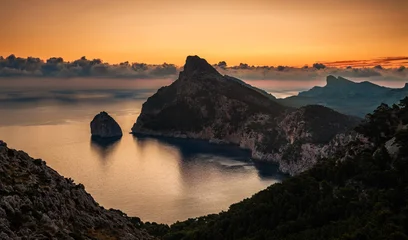 Mallorca, Spain - Aerial view of a golden sunrise at the cliffs of Cap de Formentor, the northernmost point of Mallorca on the Formentor peninsula © zgphotography