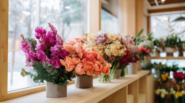 Colorful flower arrangements displayed in modern flower shop  