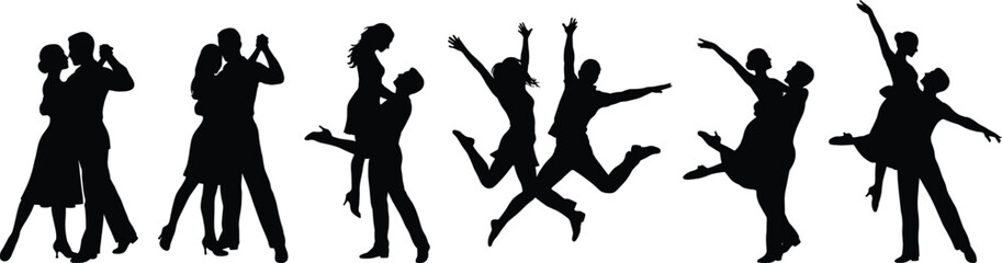 Fototapeta premium Dancing couples silhouettes set romantic men and women jumping celebrating love joy movement isolated on white background vector illustration collection festive concept