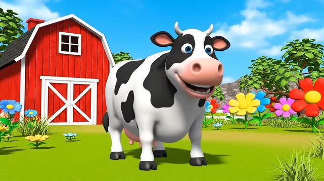 Cute cartoon cow smiling by barn on farm; whimsical, bright, colorful scene suitable for children, animation, or educational resource, vector