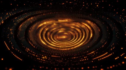 hypnotic concentric golden rings and floating particles forming a glowing vortex in dark space, futuristic and mesmerizing
