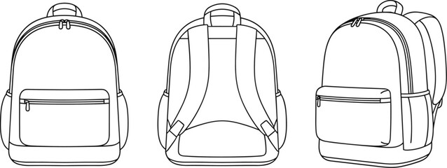 Backpack multi-view illustration, front, back, angled perspectives, zippered pocket, shoulder straps, product design, fashion accessory, flat vector artwork © Miskur Rumi 