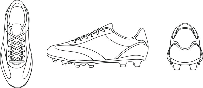 Soccer cleat technical illustration set, top, side, and rear views with studs, laces, heel design, athletic footwear artwork, flat vector illustration