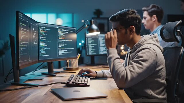 Programmer types code on keyboard at desk workspace. Developer works coding with monitor displaying software. Programmer writes code in office. Developer at desk typing on keyboard. Office coding work