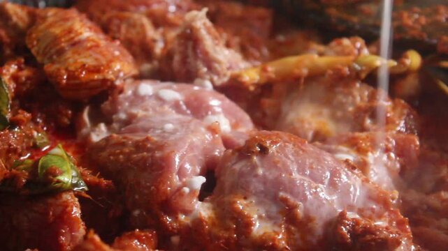 cooking meat with spices and coconut milk