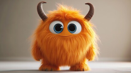 Fototapeta premium cheerful fluffy orange monster with big blue eyes and curved brown horns smiling on a neutral background