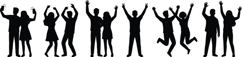 Fototapeta premium Happy people silhouettes celebrating success together group cheering jumping joy friendship party isolated white background teamwork lifestyle concept energy fun unity motivation