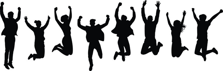 Jumping people silhouettes celebrating success joy freedom teamwork isolated on white background vector illustration happiness energy concept party victory excitement group lifestyle